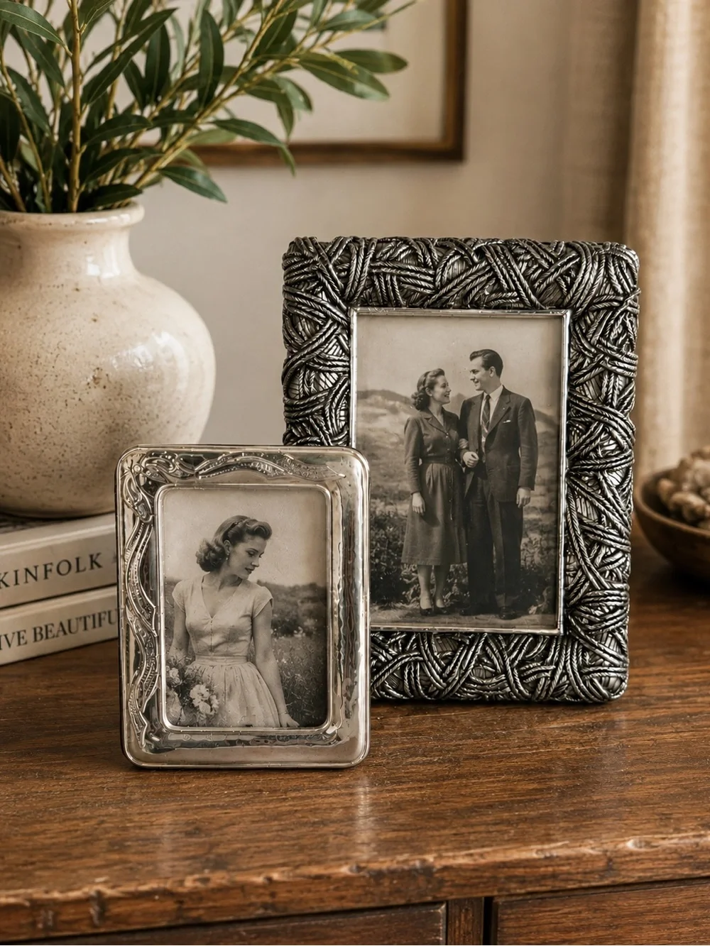 Vintage Silver Plated 925 Picture Frames Set/2 Coordinating Designs Collection